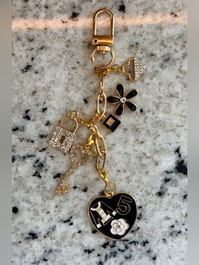 Handmade Black Enamel Heart Charm Keychain Gold tone